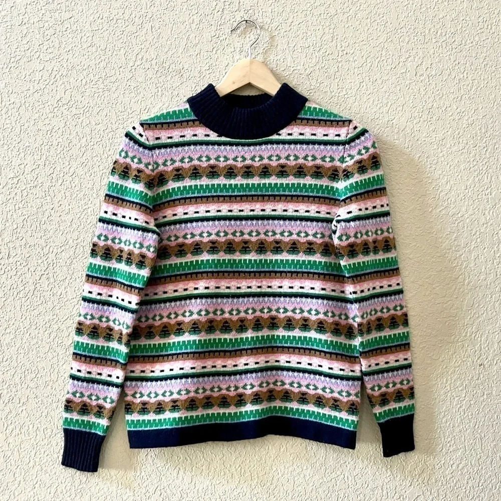 J. Crew Sweater Fair Isle Lambswool Mock Neck Knit Ribbed Pullover Holiday Small